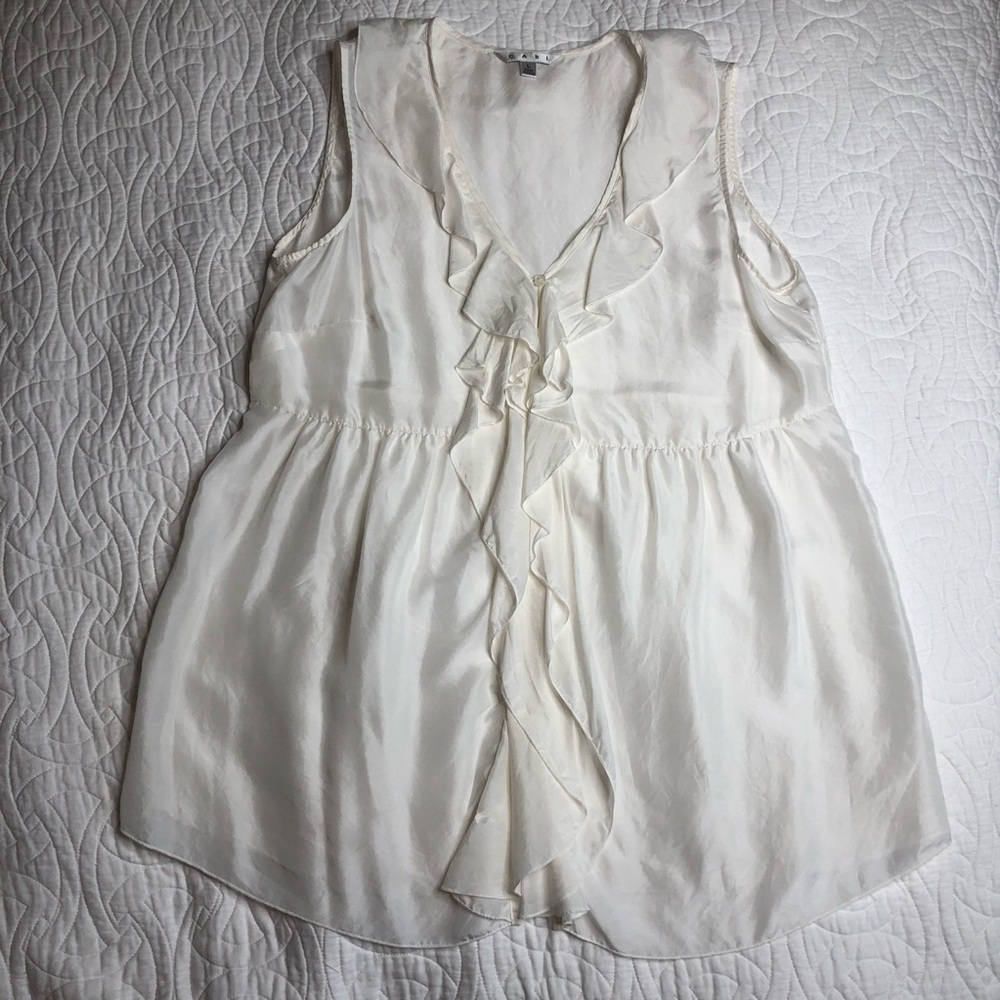 CAbi Style 585 Flowy Silk White Ruffle Collar Tank